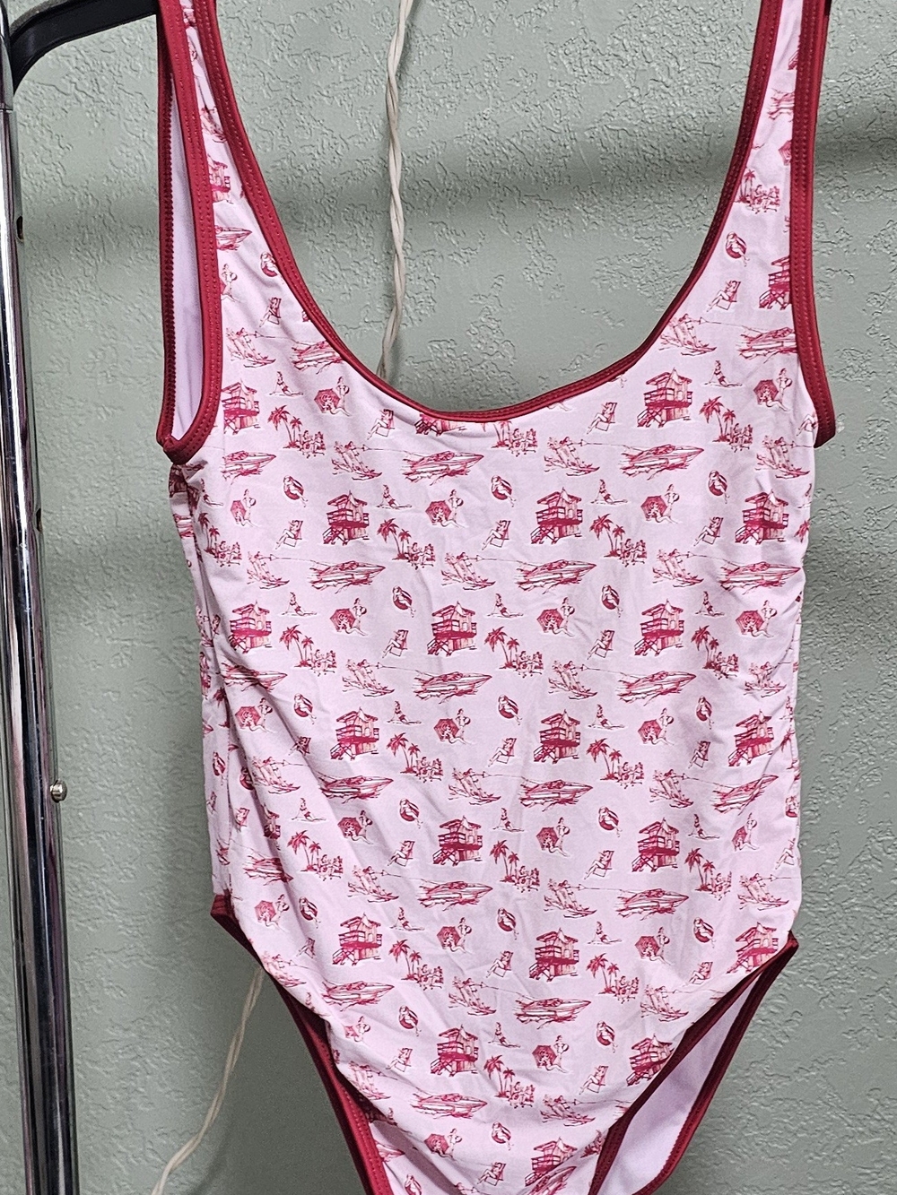 Sister Jane Pink Toile Scoop-Back One-Piece Swimsuit with Dark Pink Trim - Picture 3 of 3